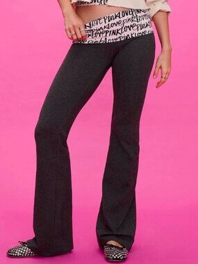 VS PINK FOLDOVER FLARE DARK GREY LEGGINGS & LOVE PINK LOGO ON WAISTBAND M-XL